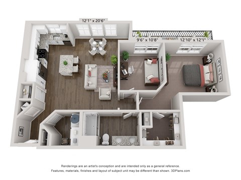 Floor plan for 1 bed, 1 bath, 1018 sqft